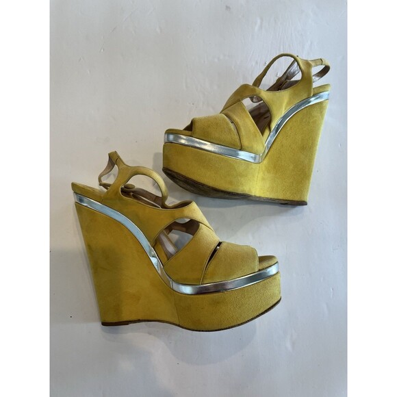 MIU MIU SUEDE WEDGE PLATFORM SANDALS SOLEIL Sz 37 1/2 Italy stamp COA U… - Picture 11 of 14